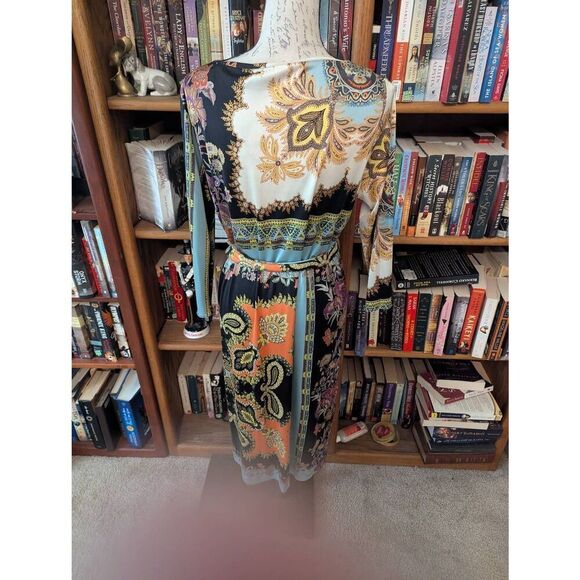 Etro Milano Women's Size 44 Black Silk Multi Printed Jersey Midi Dress Italy - Picture 3 of 9